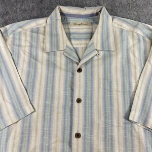 Tommy Bahama Camp Loop Collar Shirt Mens Large 100% Silk Striped Resort Hawaiian